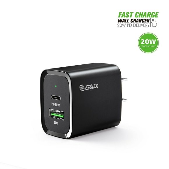 Esoulk Black 20W Fast Charger Dual USB C Wall Charger iPhone13/12/X/Galaxy/Note - Picture 2 of 6